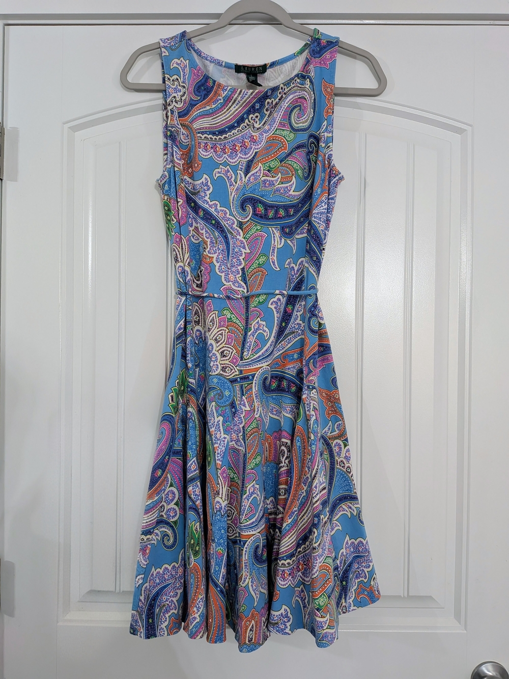 LAUREN RALPH LAUREN Stretchy Cotton Sleeveless Summer Midi Dress Blue Paisley